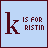 nine light blue squares with dark red borders, each containing a large lowercase 'k' and the phrase "IS FOR" followed by a name variant