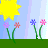 Pixelated animation of a sun, flowers, and clouds with shifting background elements.