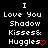 Pixelated text on black background with red heart symbols, displaying 'I Love You Shadow Kisses& Huggles' in white and red pixels.