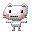 Pixelated white cat-like character with pink cheeks, black eyes, and gray limbs in multiple poses against gray background.