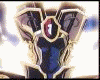 Animated sequence of a character in ornate armor with glowing red gem on chest, transitioning from close-up to full-body view against bright background.