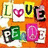 A collage of letter and symbol cutouts spelling 'LOVE' above 'PEACE', with a heart replacing the O in LOVE, on an orange background.
