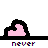 Pixelated pink heart with black outline in four positions, text 'never' and 'love?' below, glitched color effects on letters.