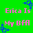 Green background with pink text reading "Erica Is" and "My BFA" alternating, blue square animation above each text block.