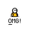 Animated contact sheet of a pixel art character in yellow shirt with multiple speech bubbles and pose variations on gray background