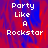 Pixelated text 'Party Like A Rockstar' in white on a red and blue gradient background with a gray section on the right.