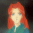 Pixelated portrait of a person with long red hair and light skin wearing a teal top against dark background.