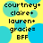 Yellow background with blue circles and black text listing names 'courtney+', 'claire+', 'lauren+', 'gracie=', 'BFF' in two identical vertical