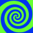 Four blue and green spiral patterns arranged in a on a solid green background