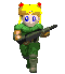 Pixel art character with yellow pigtails and red hair ties, wearing green military-style clothing, holding a black rifle across multiple poses.
