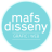 Pixelated circular icon with light blue background and white text reading "mafs disseny" in two lines, with a faint horizontal line below the text.