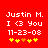 Red background with white text reading "Justin M. I <3 You 11-23-08" and five yellow/orange star-like symbols below, two versions showing animation change in the third symbol.