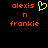Pixelated text 'alexis n frankie' in orange on black background with a yellow heart symbol next to 'alexis'