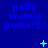 Blue background with repeated text 'polly wanna penis?(': three of three identical text blocks, each with a small cyan plus or star symbol below