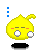 Yellow cartoon character with closed eyes, red cheeks, and a small ponytail in various poses including lightbulb above head and blue dots.