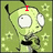 A green cartoon character with large white eyes and antennae appears in three , each displaying different red text above its head against a starry background