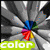 A static image with a radial gray background and colorful central elements, featuring text overlays in green, blue, and pink.
