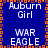 Blue background with orange and brown pixelated border, displaying repeated text 'Auburn Girl' and 'WAR EAGLE' in white pixelated font.