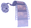 Animated film reel with showing sky and clouds, each frame on a separate strip of film extending from the reel