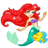 Pixelated mermaid with long red hair, purple top, green tail, and yellow-blue fin details against gray background.