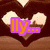 Pixelated image with four quadrants: top-left shows brown heart shape with white eyes and purple text 'lly...', top-right lists names in orange blocks, bottom-left has pink text on floral background, bottom-right is solid gray.
