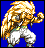 Pixelated character with spiky blonde hair, white pants, and green accents on blue background, shown in two sequential poses with raised fists.