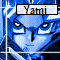 Pixelated blue-toned character face with sharp eyes and a stern expression, labeled 'Yami' in multicolored text above the head.