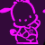 Pixelated pink cartoon character with large head, three small eyes, and abstract body on dark purple background.
