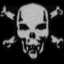 A static image of a stylized skull with red eyes and crossed bones on a black background, rendered in low-resolution pixel art.