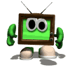 Green screen robot with brown frame, two antennae, green hands, and beige feet in various poses.
