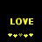 Yellow pixelated text 'LOVE' above five yellow plus signs with one brown plus sign in the center on a black background.
