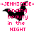 Pixelated black silhouette of a figure with outstretched arms and legs, pink text reading 'finding beauty in the NIGHT', and repeated 'JENNICODE' at the top, displayed across with pose variations