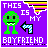 Pixelated green alien-like figure with gray glasses and white teeth stands on purple background next to blue checkered arrow, text reads THIS IS MY BOYFRIEND.