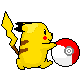 Pixelated yellow Pikachu with brown stripes holds a red-and-white Poké Ball, its tail sparks as the ball's color shifts across frames.