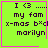 Green square icon with pink border displaying pixelated text 'I <3 my fam x-mas b*d maryllyn' and a small heart symbol in the bottom-right corner.
