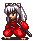 Pixel art character with silver hair and cat ears in red outfit holding sword, four poses showing slight expression and stance variations.