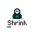 Pixelated character in teal shirt with white face and black eyes, displayed in multiple sizes with text labels and speech bubbles.