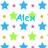 Pixelated icon with repeating star pattern and blue text reading "Alex," "and," and "Kirby" on white background.