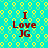 Cyan background with repeating yellow circular patterns; red text "I Love JG" arranged vertically in four identical quadrants.