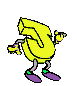 Yellow cartoon character with purple shoes and green ankle bands in multiple walking poses against gray background.