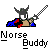 Pixel art of a Viking character with horns, holding a checkered sword, wearing blue and red clothing against gray background.