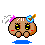Pixelated character with brown body, yellow eyes, pink blush, white wings, and blue guitar accessory in four variations showing different poses.
