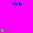 Bright pink background with blue text 'Nick' repeated across the image and scattered green plus signs in various vertical arrangements.