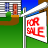 Pixelated image shows a white flag with red text on green grass, blue sky background, and building structures including striped walls and colored windows.