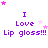 Purple text "I Love Lip gloss!!!" with pink stars on white background, stars animate in four positions across frames.