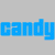 Pixelated text 'candy' appears in blue and gray on a split background with light gray left and bright blue right.
