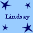 Blue background with dark blue star icons and repeated text "Lindsay" in serif font across multiple