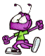 Purple cartoon character with antennae, green shirt, purple pants, and white sneakers in four sequential poses showing running motion.