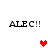 Pixelated text "ALEC!!" appears in four corners with two red and one pink heart icons on a white background.