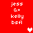 Red background with white pixelated text 'jess &+ kelly bsfl' repeated in two , featuring a white heart in the center and a pink heart in the top-right corner